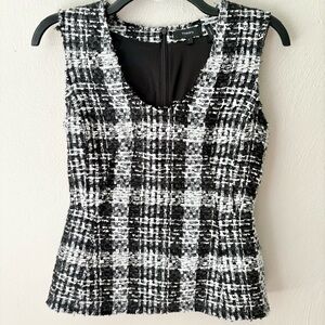 Theory Black & White Plaid Tweed Sculpt U Shell Sleeveless Top